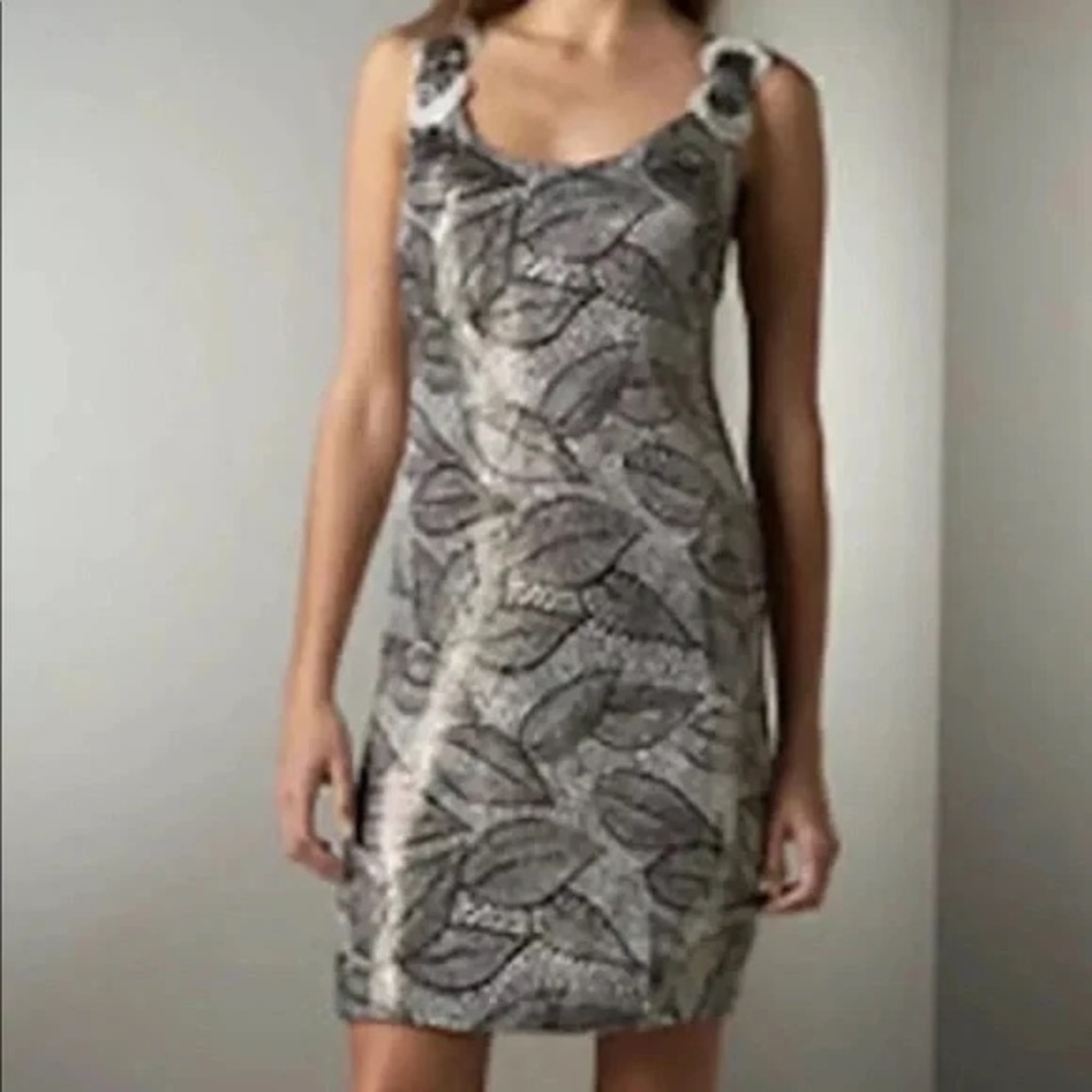 Tory Burch Cocktail Dress Silk Metallic Silver Sleeveless Size 10
